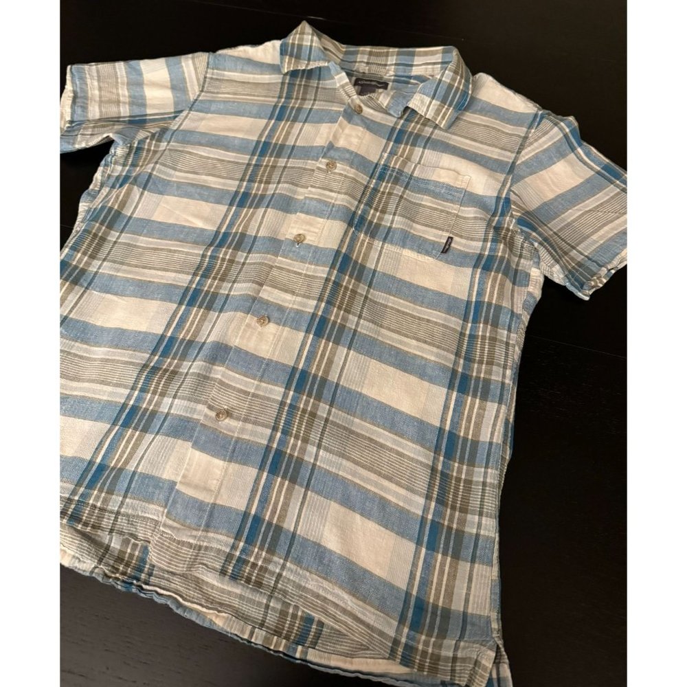 Eddie Bauer Plaid Button Down Shirt Mens L Blue Short Sleeve Linen/Cotton Causal